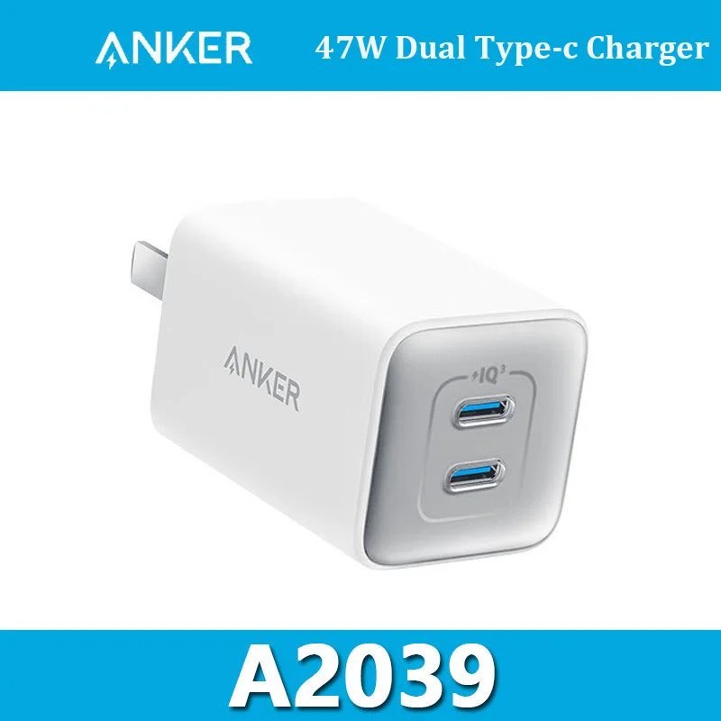 

Зарядное устройство Anker 523 Nano 3 47 Вт, зарядное устройство с двумя USB C, прочная, компактная, быстрая зарядка для Macbook Air/Galaxy/iphone/Xiaomi/AirPods