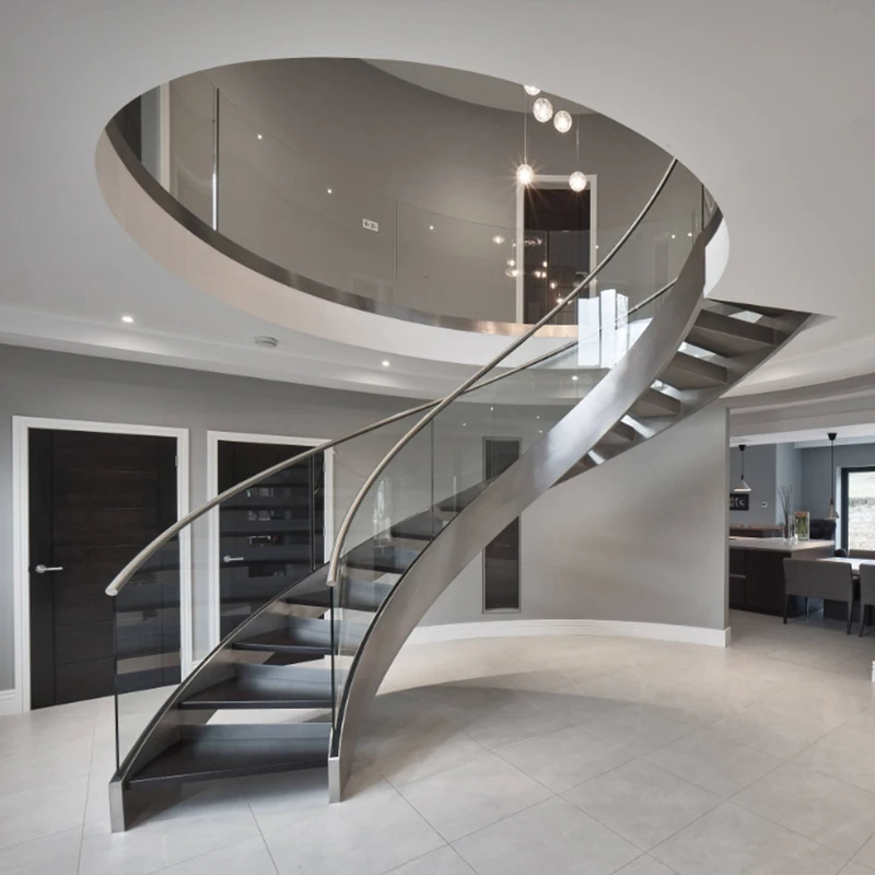 عوارض من الفولاذ المقاوم للصدأ درابزين زجاجي مفتوح الناهض سلالم مستديرة منحنية سلم عائم