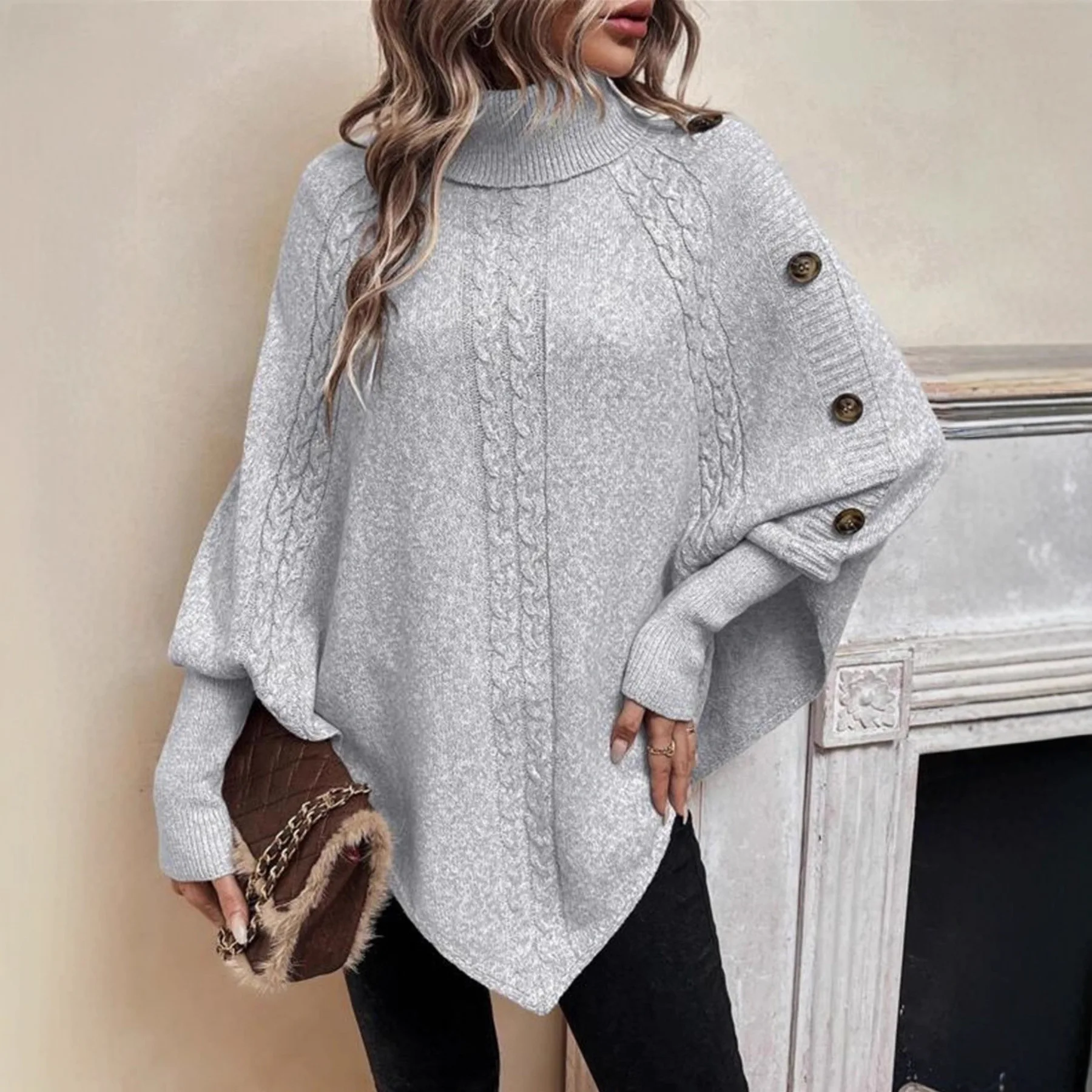 

European and American Casual New Amazon Autumn and Winter High Neck Button Decoration Bata Sweater Twisted Flower Sweater