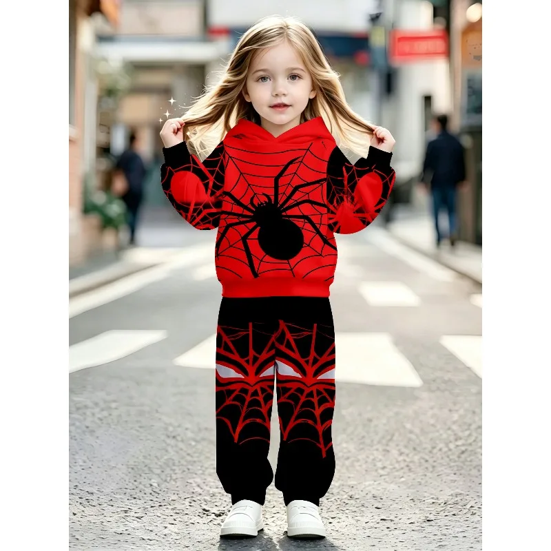 Toddler Boys Girls Hooded Jogger 2Pcs Tracksuit, Spider Web USA Star Stripe Print Casual Daily Kids Outfit