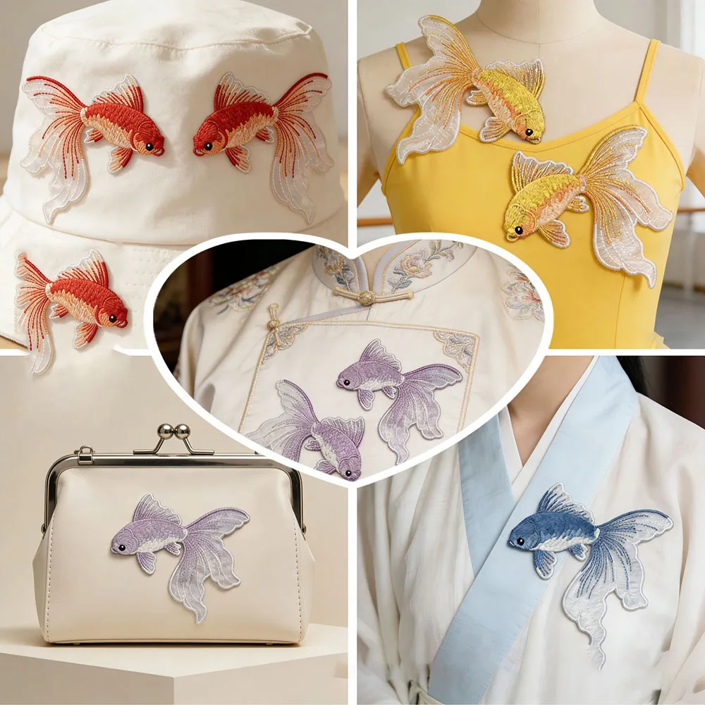 1 Paar mehrfarbige Goldfisch-Stickerei-Aufnäher aus Stoff für T-Shirts, Taschen, Hüte, Accessoires, DIY-Bügelbilder zur Reparatur – Detail 2