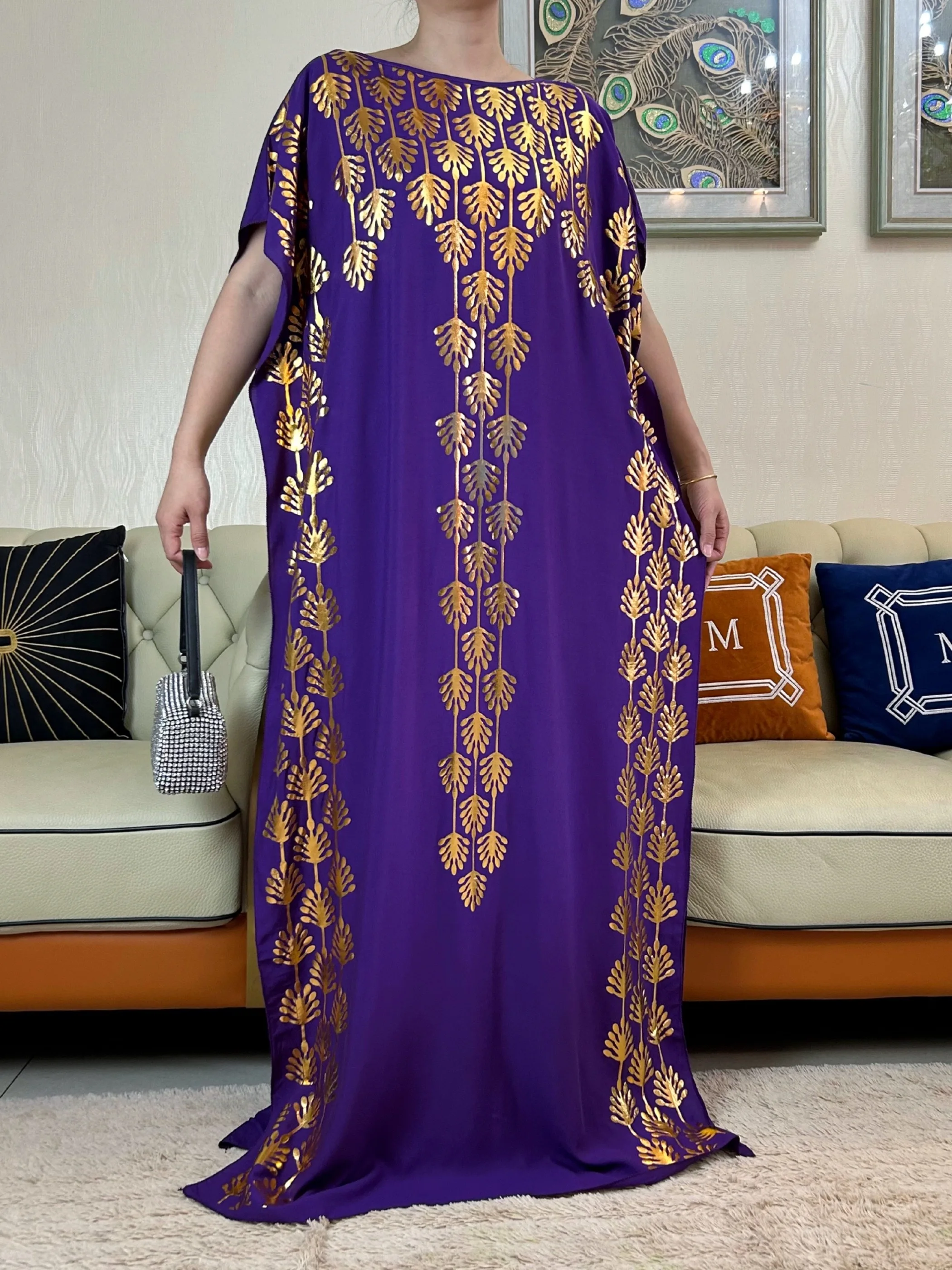 New Fashion Summer Dress With Big Scarf Dubai Turkey Kaftan Muslim Loose  Abaya Women African Casual Maxi  Gold Stamping  Robe