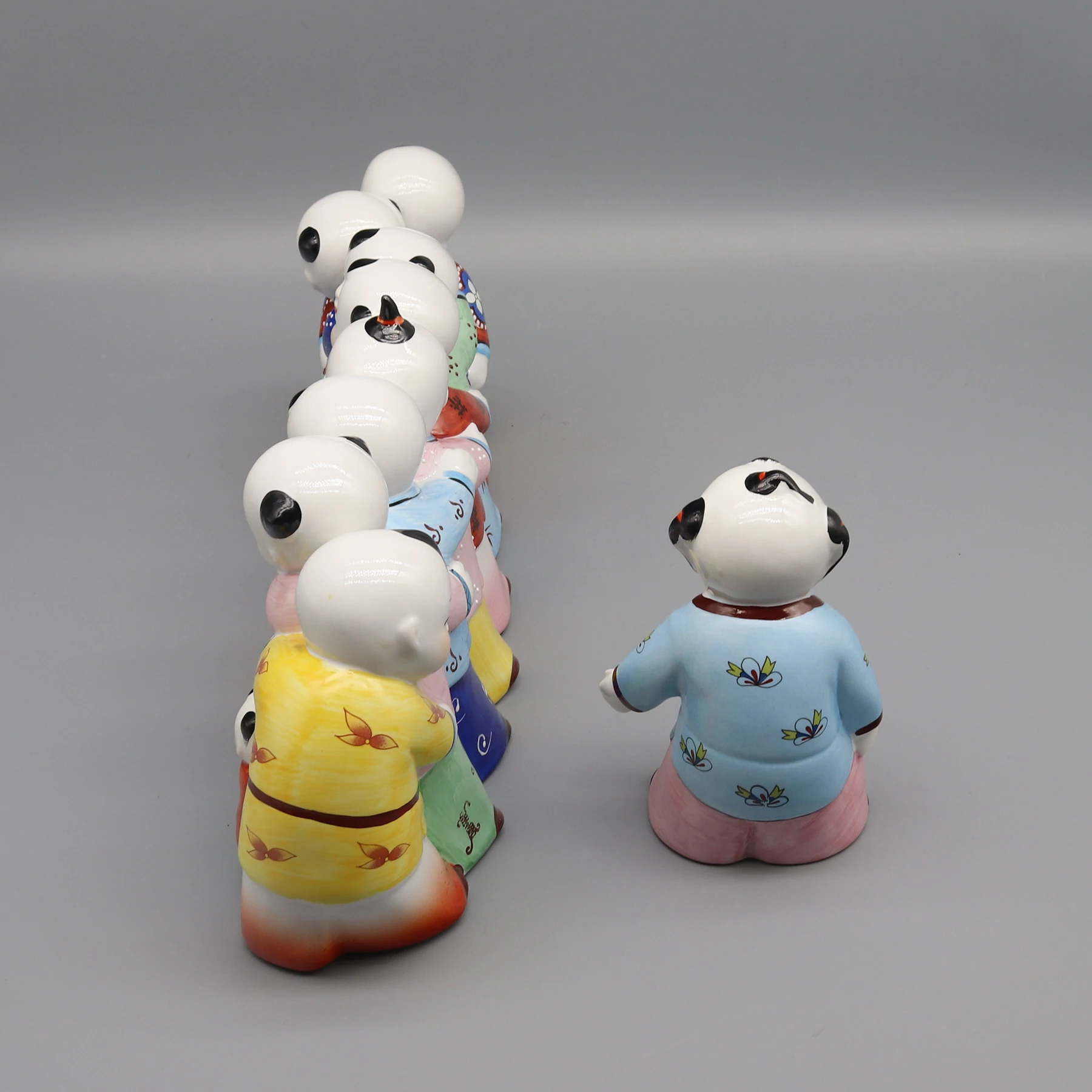 Colorful ceramic figurine, Hand painted ceramic artwork, The game Eagle Catches Chickens