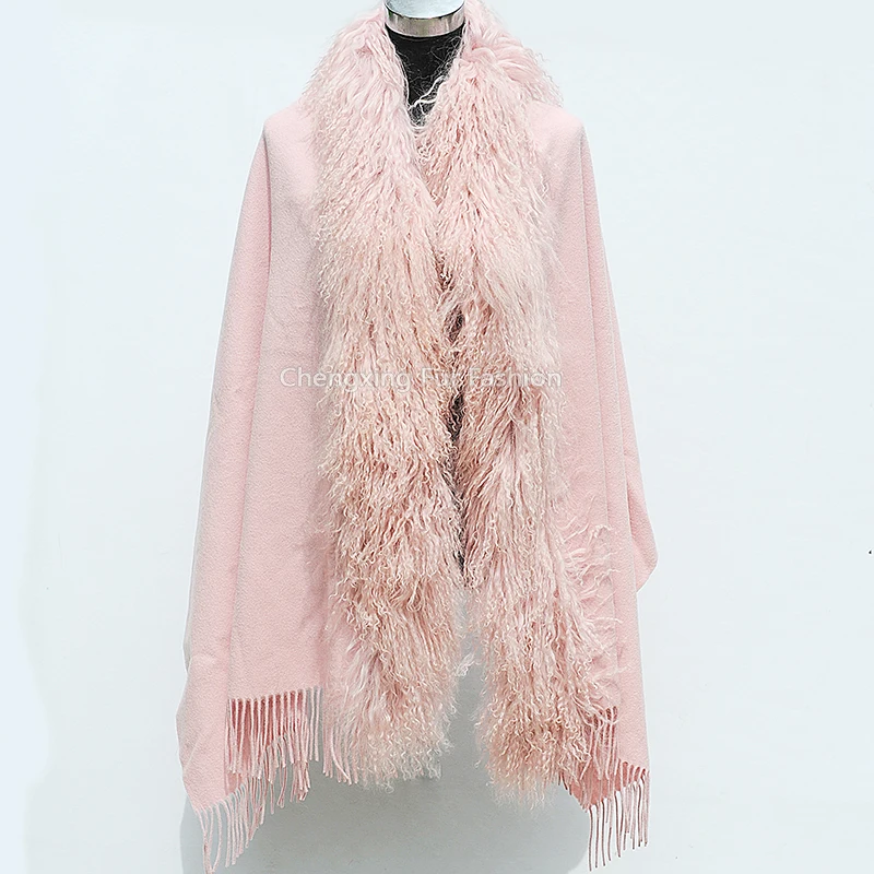 CX-B-P-04 Real Mongolian Lamb Fur Trim Wool Blends Women Wrap Shawl