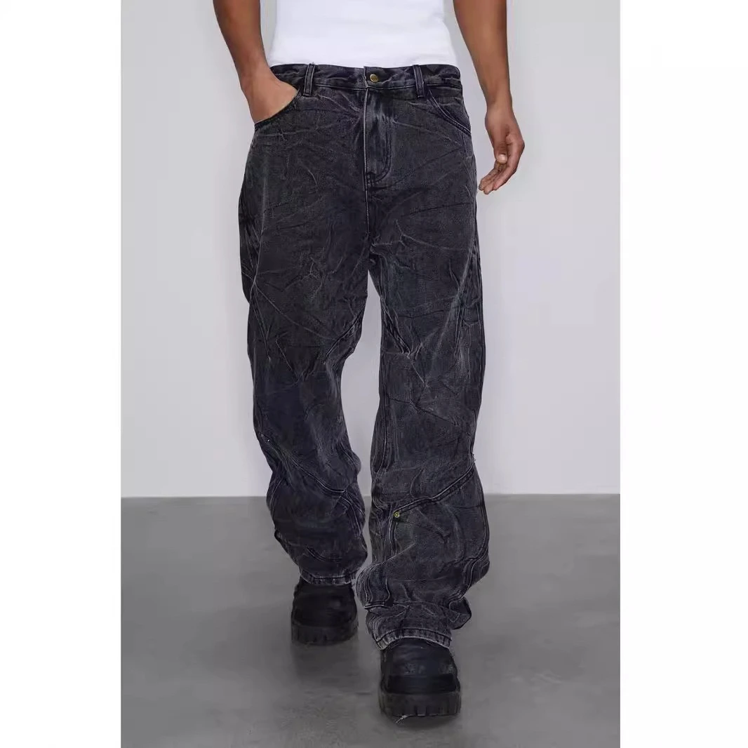 American Sle Cleanfit Retro Snowflake Waed Jeans Pria Heavy Du Vintage Pola Gelombang Kaki Lurus Kasual Katun Denim