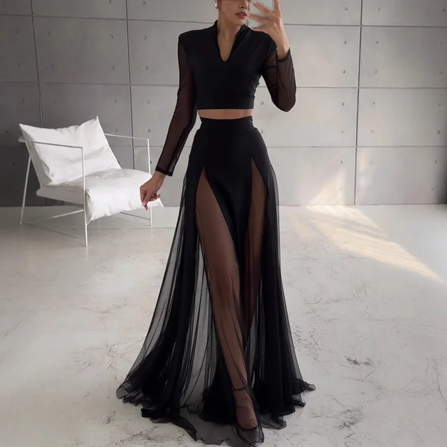 

New Women Fashion Black Mesh Dress Elegant V Neck Long Sleeve Crop Top or A-line Long Skirt Chic Lady Suit Streetwear