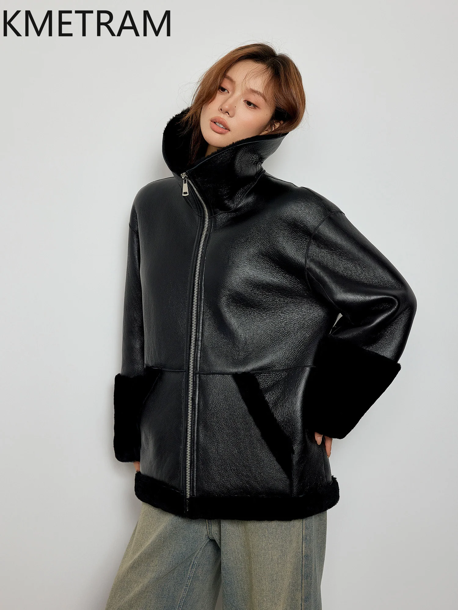 내추럴 메리노 양털 양면 퍼 재킷 여성 블랙 리얼 퍼 코트 겨울 가죽 재킷 여성 의류 2025