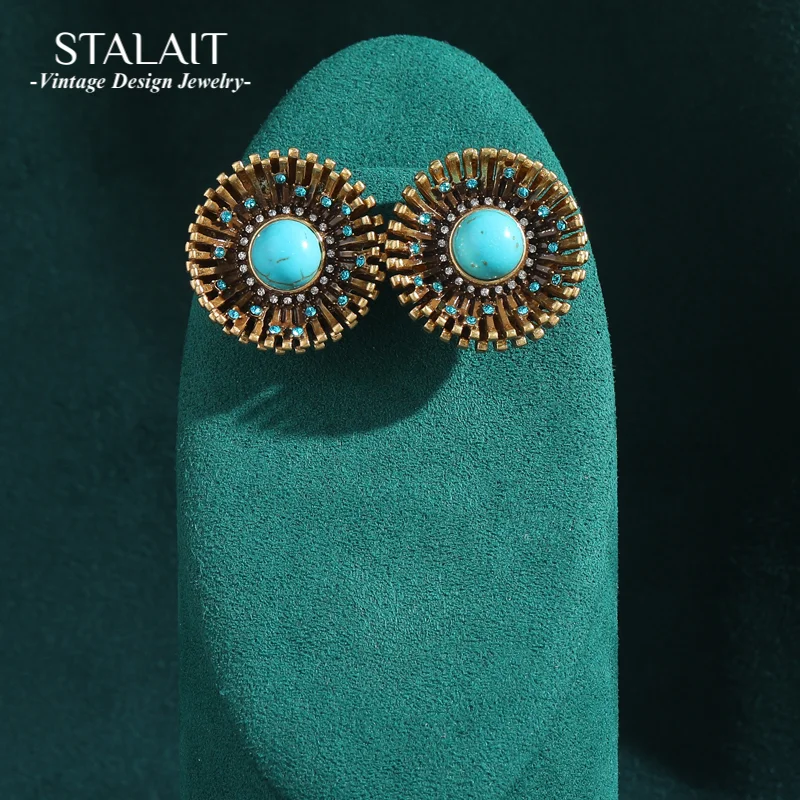 

Round Gold Color Rhinestones Blue Natural Stone Flower Plate Stud Earring Vintage for Woman Antique Designer Jewelry Accessories