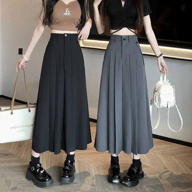 Pleated Skirts Women Solid Sweet High Waist Midi Elegant Fashion Fairycore Autumn New Female All-match Casual Button Design Chic