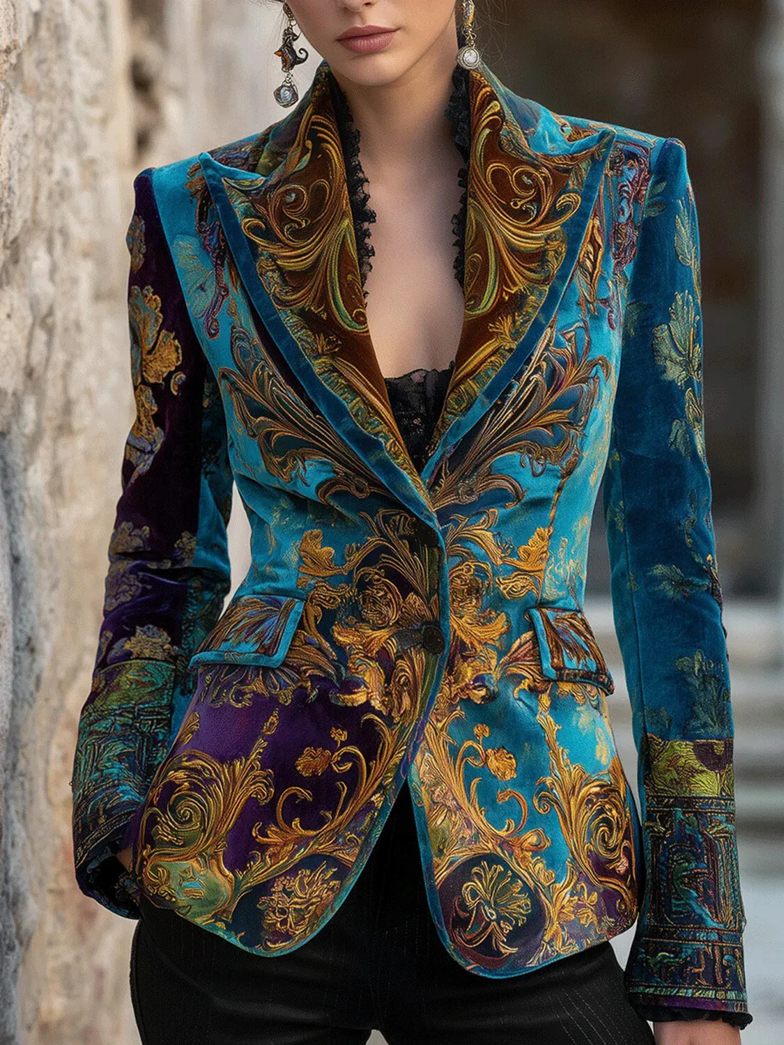 Vintage Peacock Blue Gilded Baroque Velvet Blazer, Contrast Purple Palace Floral Waist-Cinched Slim Oil Print Suit Jacket