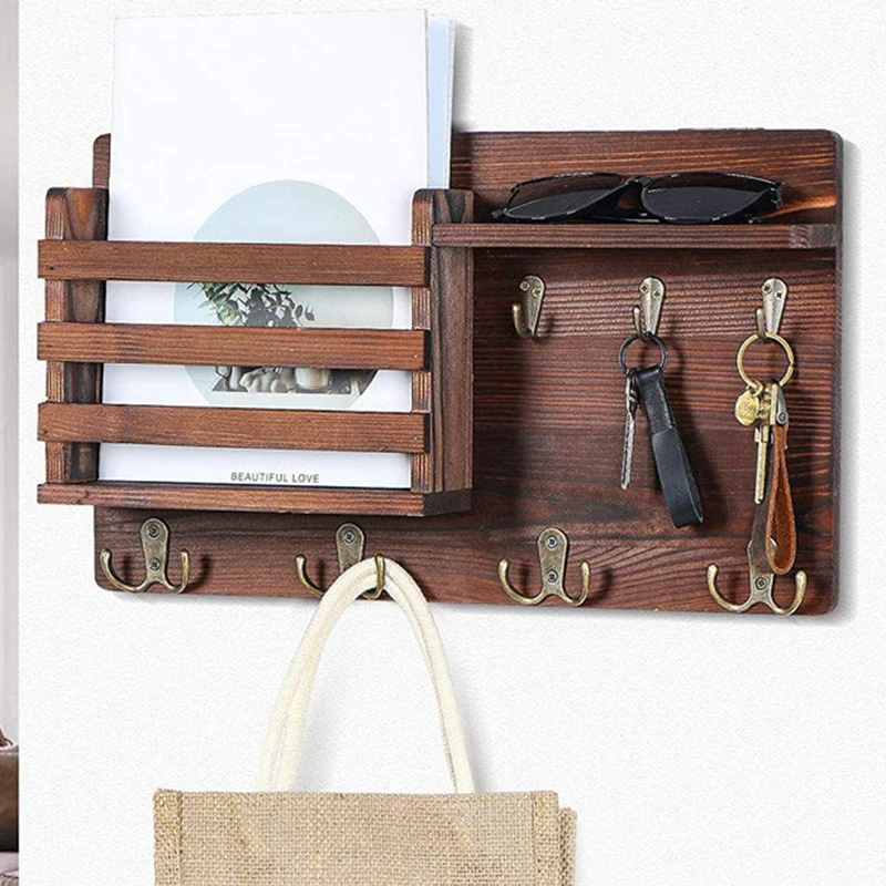 

Solid Wood Wall Shelf Mail Holder with Key Hook Wall Mounted Hanging Storage Rack Bathroom Shelves Kitchen Wall Shelf Home Decor