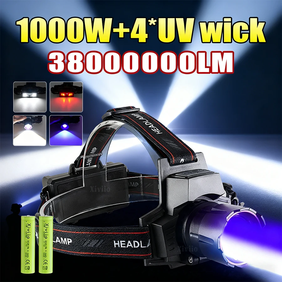 

Мощный налобный фонарь 38000000LM Перезаряжаемая фара 18650 Мощный головной фонарик УФ-фара Кемпинг Охотничий налобный фонарь