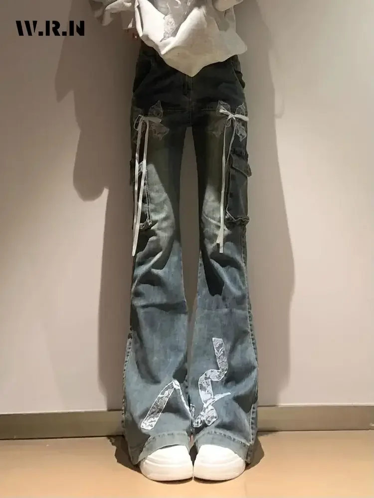 

Women's Y2K Sexy Full Length Denim Trouser Vintage Casual Lace Bow Emo Pants Hotsweet 2000s Street High Waist Blue Jeans