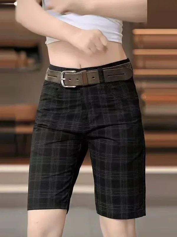 

High-End Plaid Casual Cotton Shorts Men's Breathable Five-Part Summer Belted Six-Part Pants Straight Leg Fit mid Waist