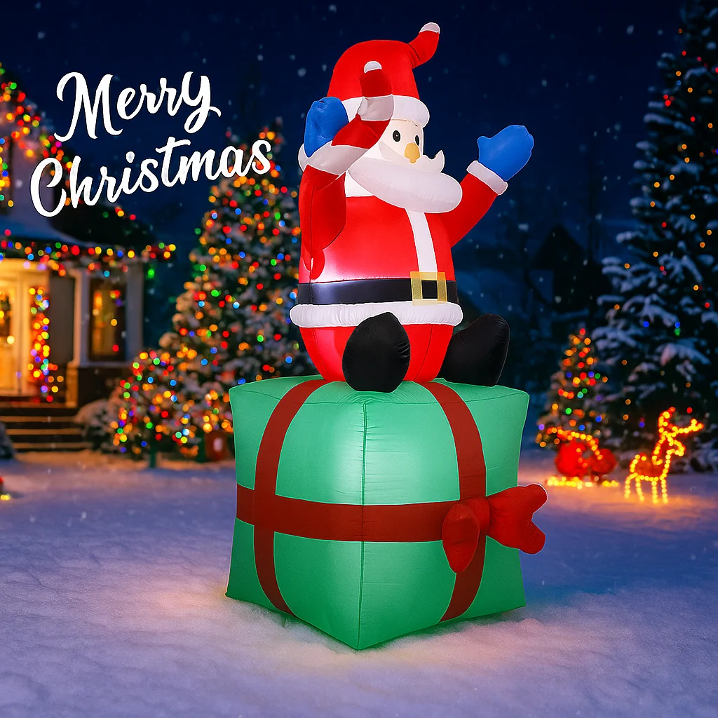 5.91FT Inflatable Mold Santa Gift Box Toy LED Lit Festive Christmas Gifts Xmas Yard Lawn Party Decorations  Home Decoration