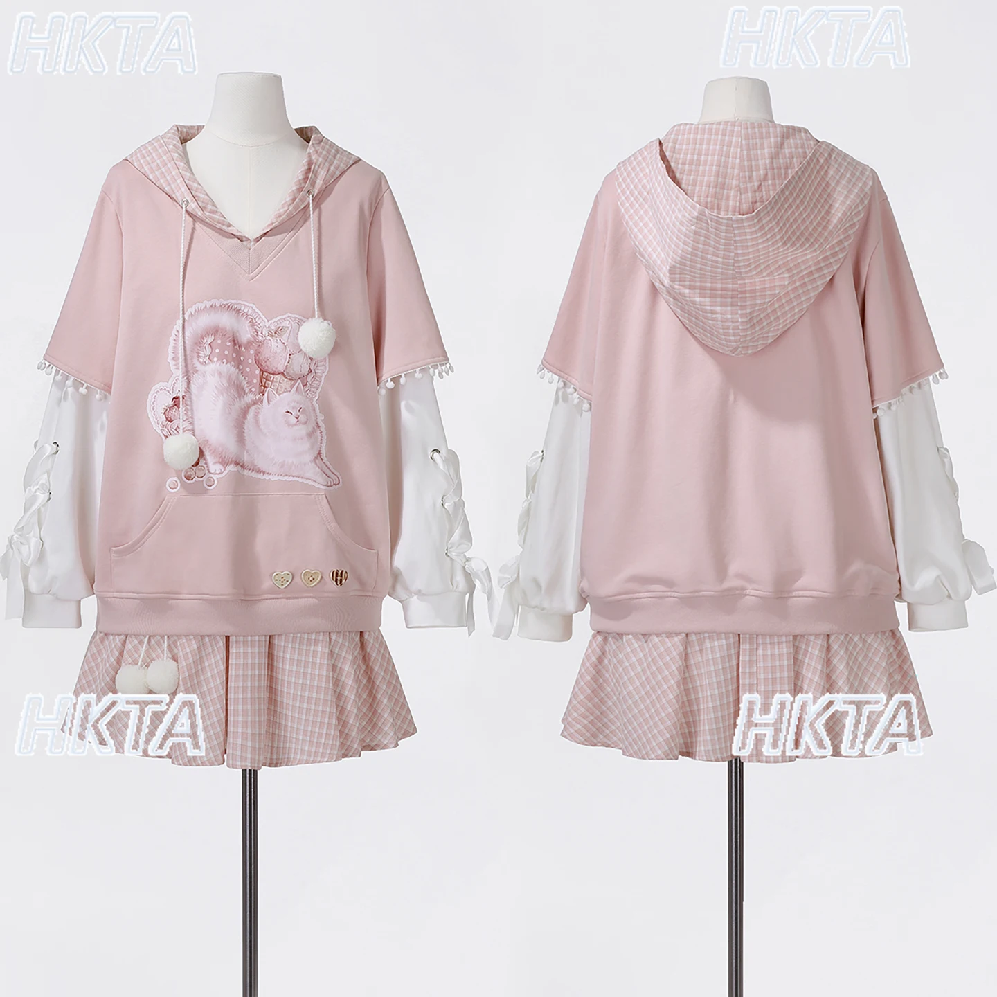 和風スイートキュートな刺繍入りラブストラップボウ付きルーズカジュアルチェック柄スウェットシャツコートAラインミニスカートセット女性用
