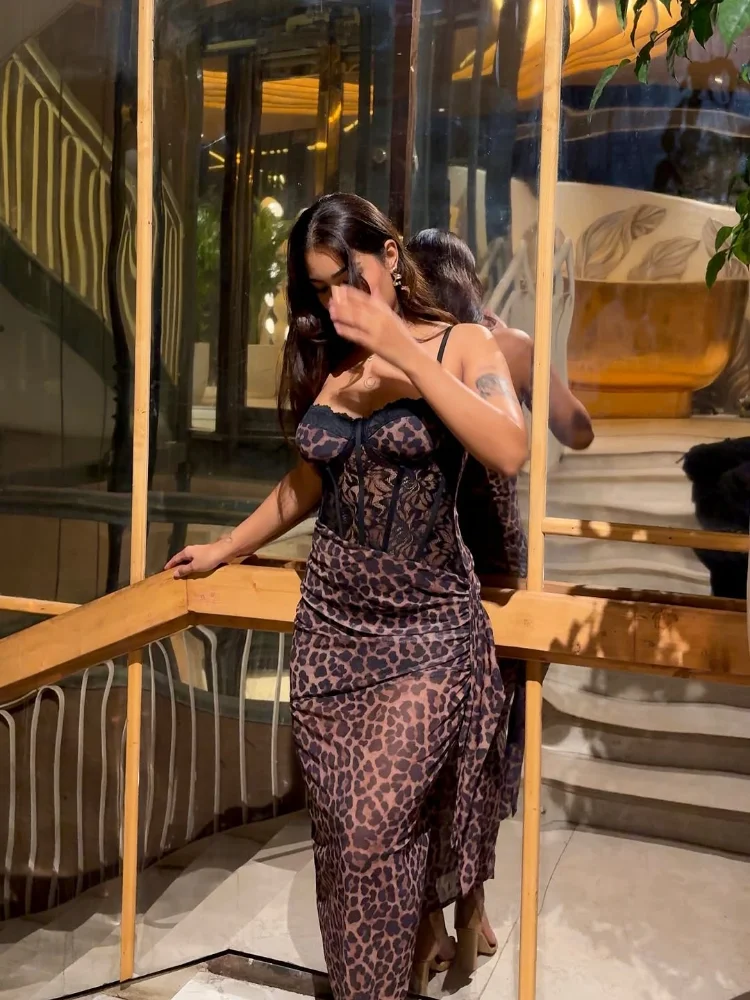 Sexy Leopard Print Mesh Strap Dress Women Chic Lace Patchwork Sleeveless Backless Slim Long Dresses Lady High Street Robe 2025