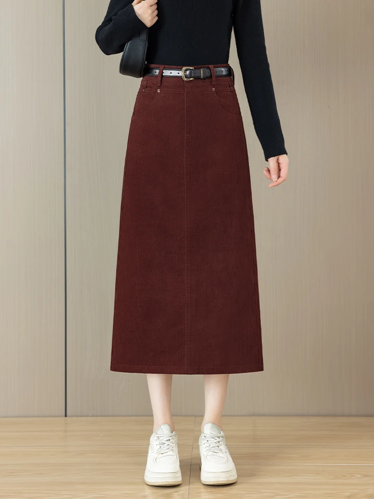 

High Waist Corduroy A-Line Midi Skirt Women's Autumn Winter Slimming Straight Cut One Step Wrap Skirt Korean Style Commute