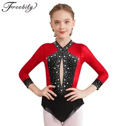 Children Gymnastic Leotards for Girls Kids Rhythmic Gymnastics Bodysuit Rhinestones Yoga Figure Skating Jumpsuit Ballet Clothes