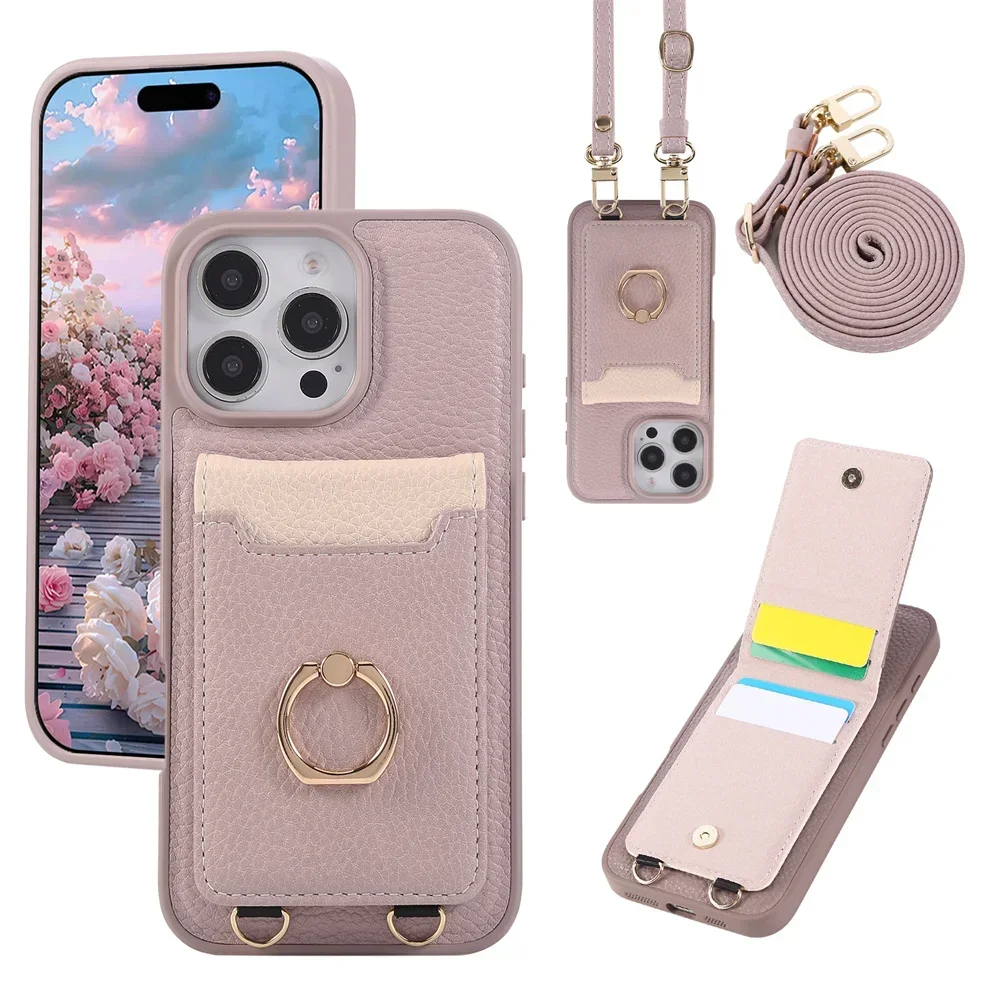 Umhängetasche mit Kartenhalter, Handyhülle für iPhone 16E, 16 15 Plus, 14, 13, 12, 11 Pro Max, Ringhalterung, Lederhülle