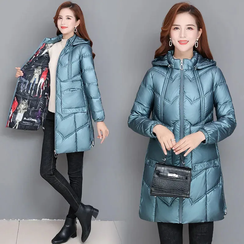 Women's Glossy Down Cotton Coat, Detachable Hooded Parka, Female Quilted Jacket, Long Outerwear, Warm Clothes, New, Autumn, Wint