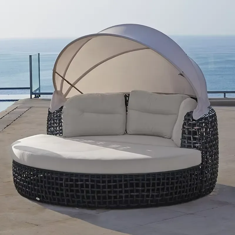 Modern Style Outdoor Recliner Combination Round Sofa Bed Coarse Rattan Powder Coated Aluminum Frame Cushions for Hotel Villa