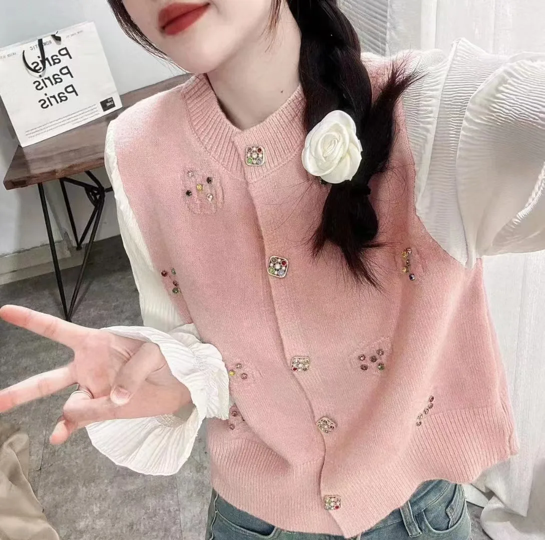 2024 Spring New Sweet Long Sleeved Knitted Cardigan Women\'s Round Neck Fashion Sweater Trend