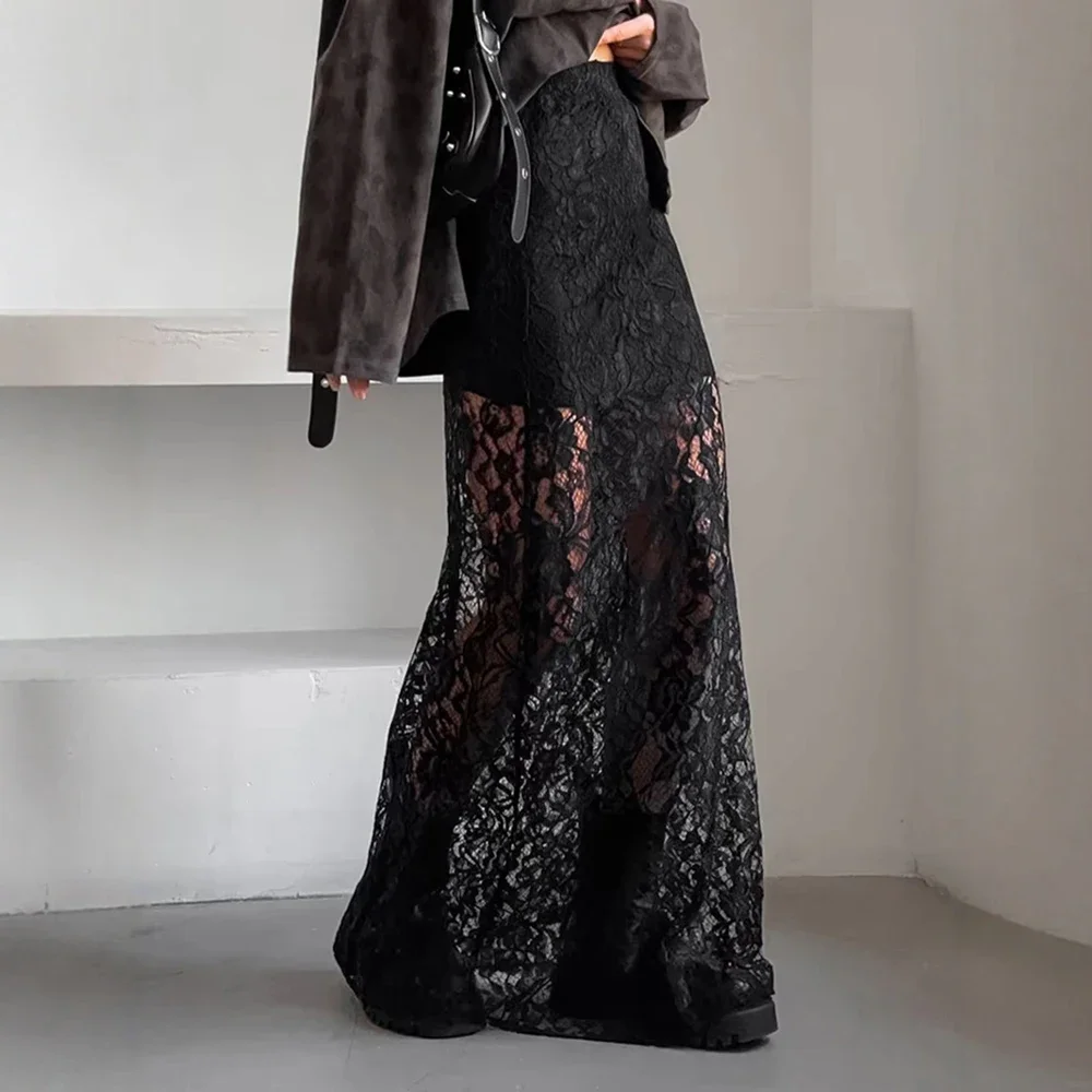 Gonna lunga in pizzo trasparente di presagio: rete fluida a vita alta – abito da festa serale autunno/inverno, gonna longuette trasparente edgy ed elegante