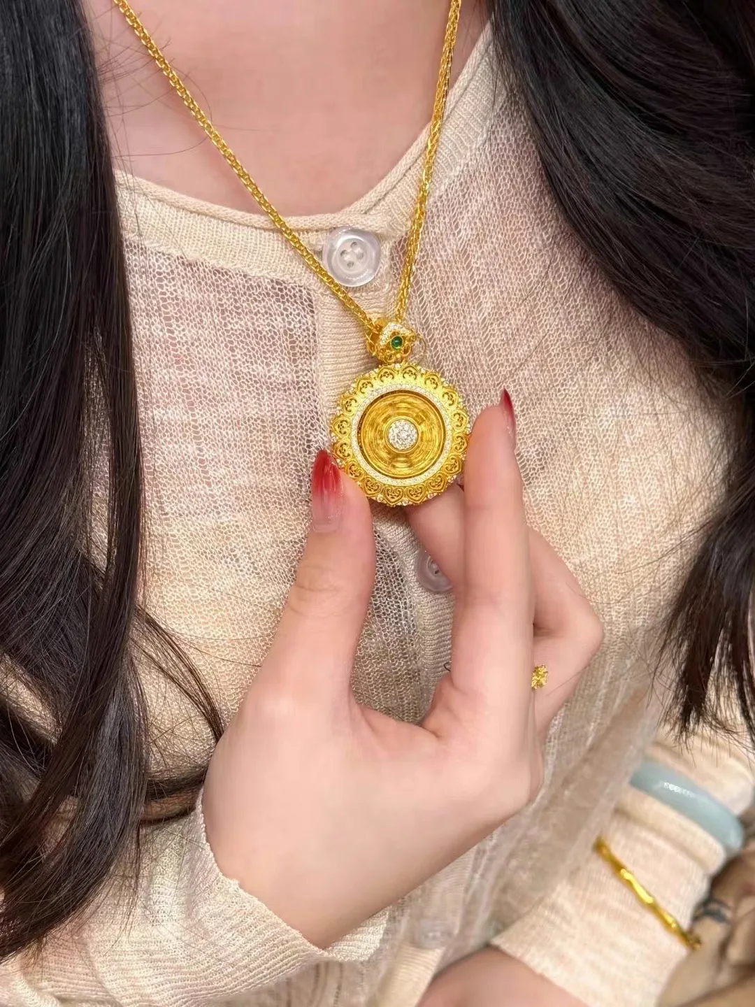 kapure-ゴールドメッキコンパスペンダントネックレス女性用ヴィンテージ回転式セーターチェーン古代メソッドセットダイヤモンド-j-ゴールドカラー