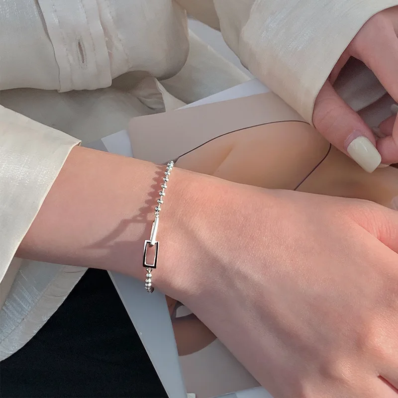 

925 Sterling Silver Geometric Square Round Bead Bracelet For Women Personality Temperament Simple Hand Jewelry Party