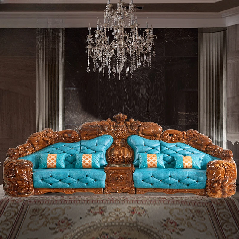 Luxury villa, ebony solid wood carved top layer leather sofa