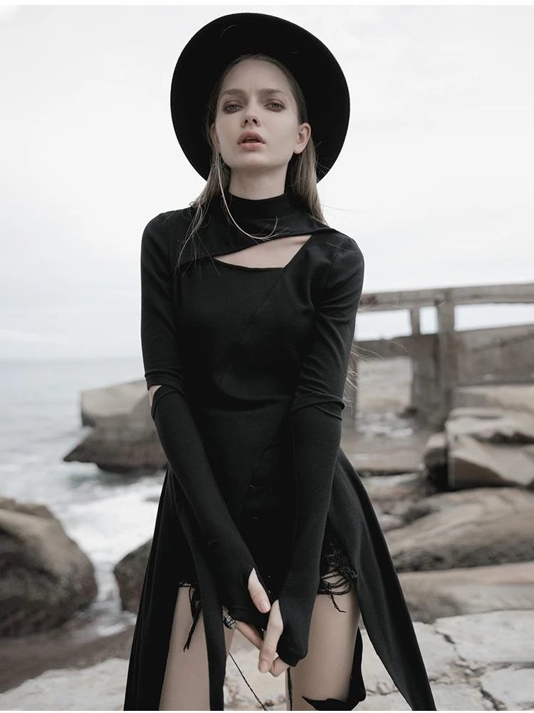 

2025 Women's Gothic Asymmetric Slit Dress - High Neck Cutout Long Sleeve Black Dress, Edgy Dark Streetwear for Autumn Winter