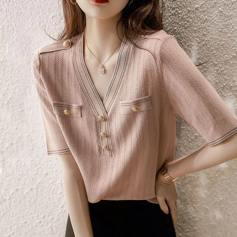 2025 Summer Women's New Fashion Small Fragrance Style Short Sleeve Top V-Neck Keep Slim Ice Silk Knitted Button Top A215