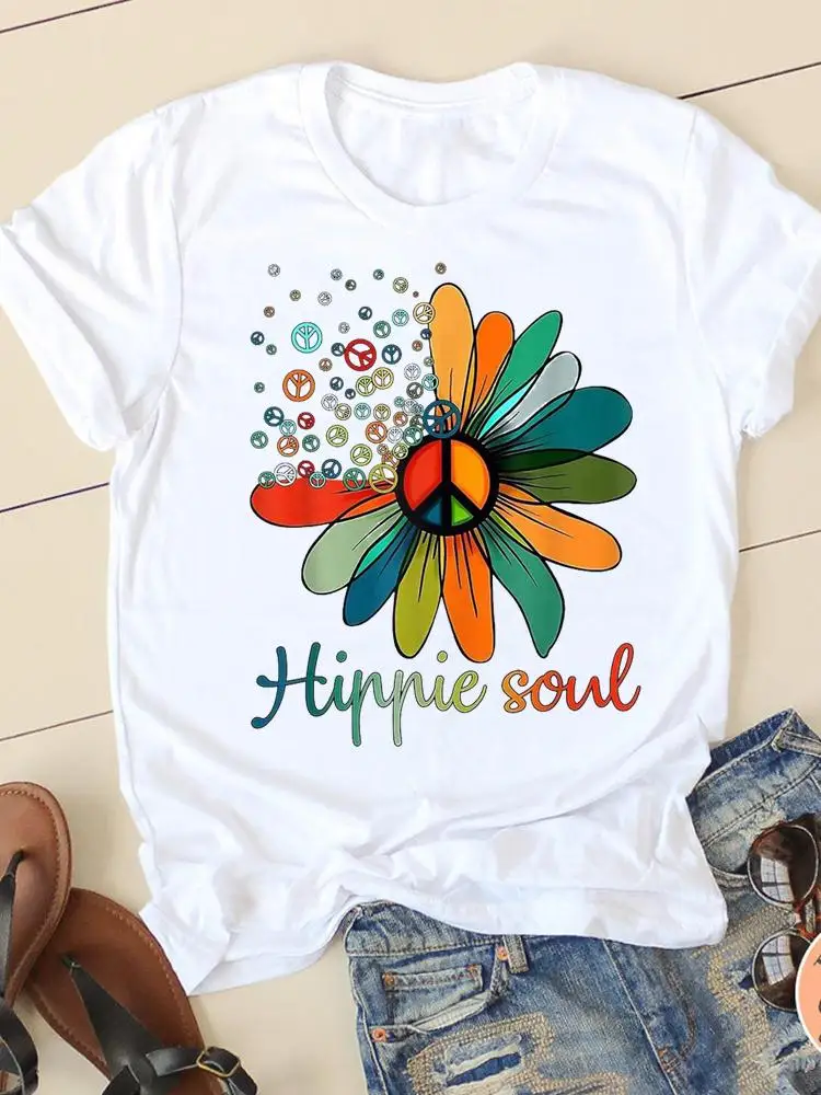 T-shirts Graphic Tee Clothing Summer Short Sleeve Ladies Flower Peace Lovely Casual Women Fashion Female T Shirt Clothes