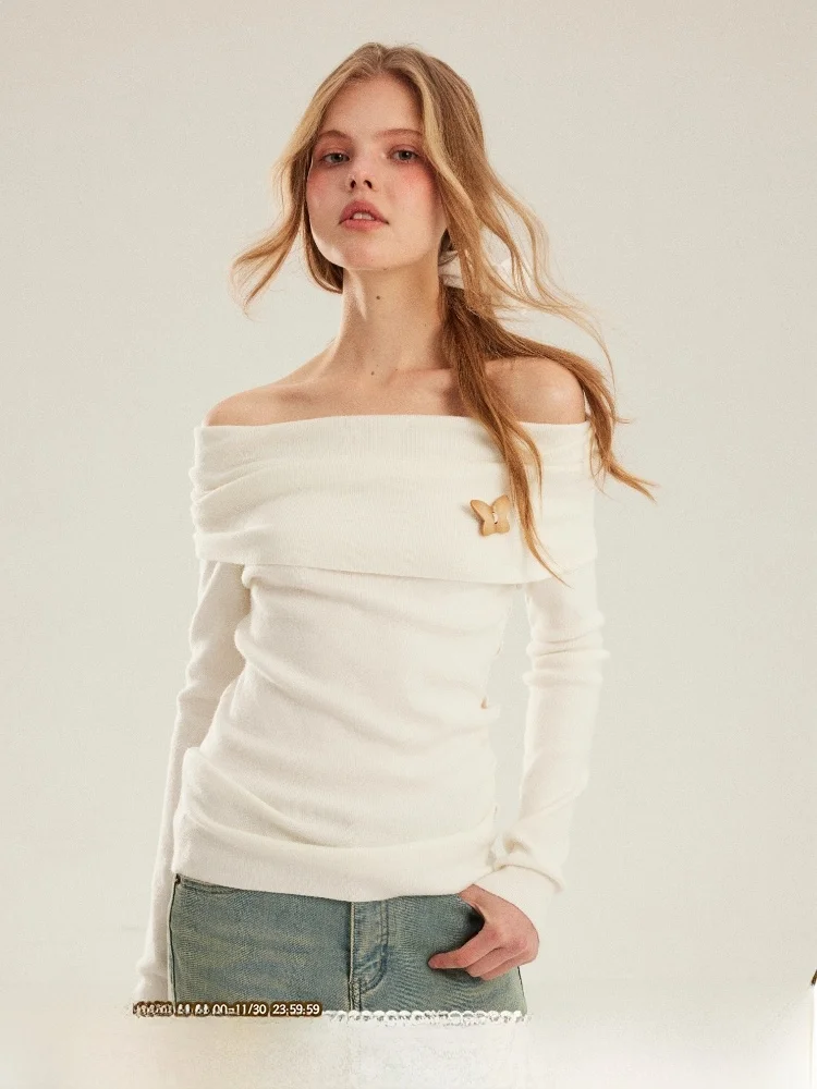 

ELEVEN SP Autumn White Button oulder Long Sve Women's Knitted Base irt Pure Color Commute Sle Regular Fit Knitwear