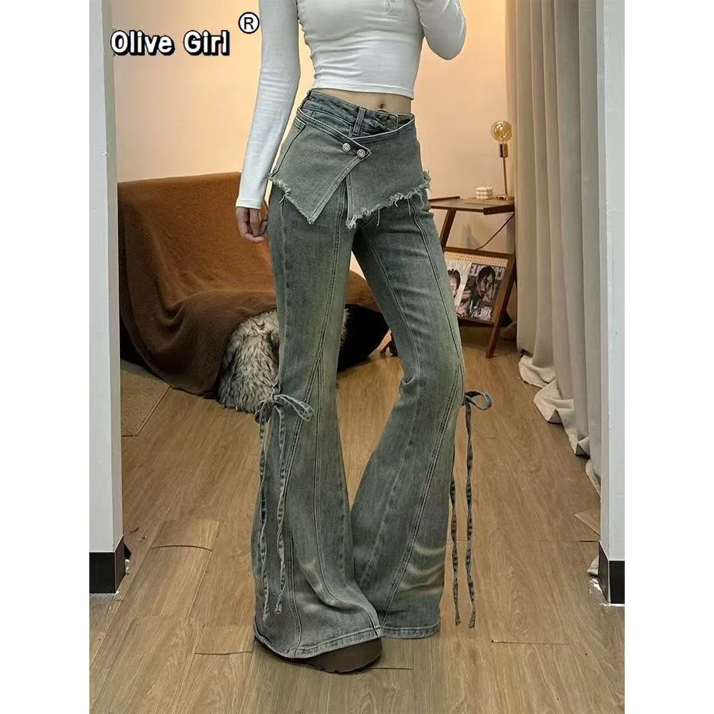 Women's Jeans Flared American Retro Trousers Denim Pants  Fake Two Piece High-street Vibe Wide-legged Dragging Pants