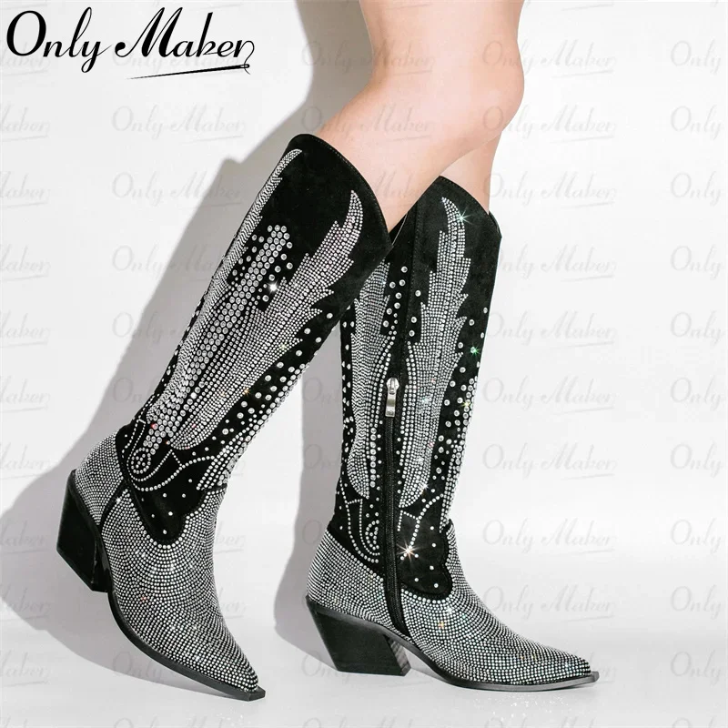 Onlymaker kobiety czarne kolana wysokie buty z kryształem górskim kowbojki z dalekiego zachodu brokat Bling błyszczące buty na obcasie ręcznie robione