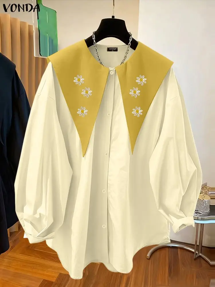 VONDA, camisas con bordado Floral a la moda, blusas elegantes con solapa de manga larga para mujer, Tops tipo túnica holgados informales para primavera 2026, Blusa Vintage