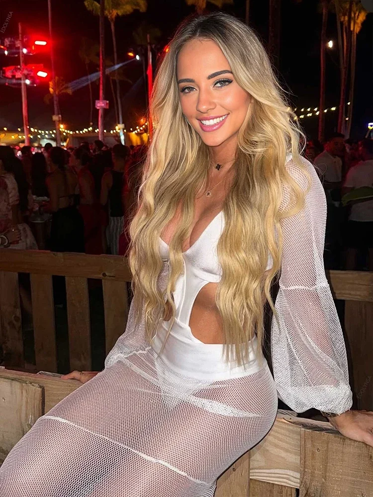 Conjuntos de trajes de baño de una pieza con falda larga para mujer, traje de baño de manga larga, Vestido de playa blanco, trajes elegantes de resort S208