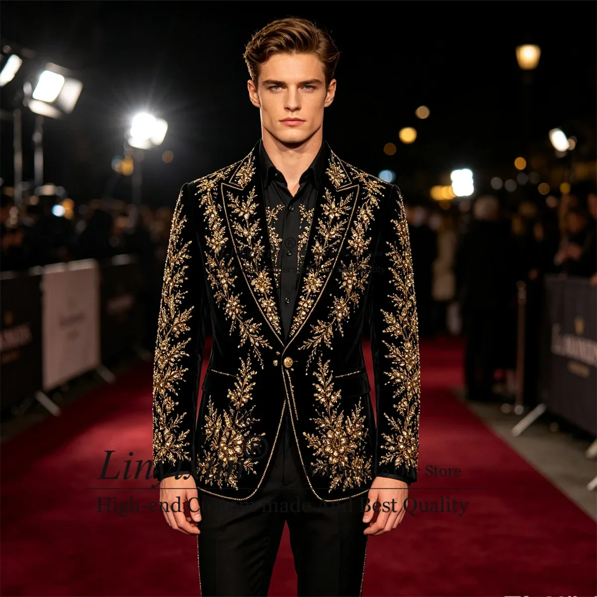 Shiny Embroidered Bead Men Suits Customized Double Breasted Groom Male Blazers 2 Piece Set Wedding Party Tuxedos Costume Homme