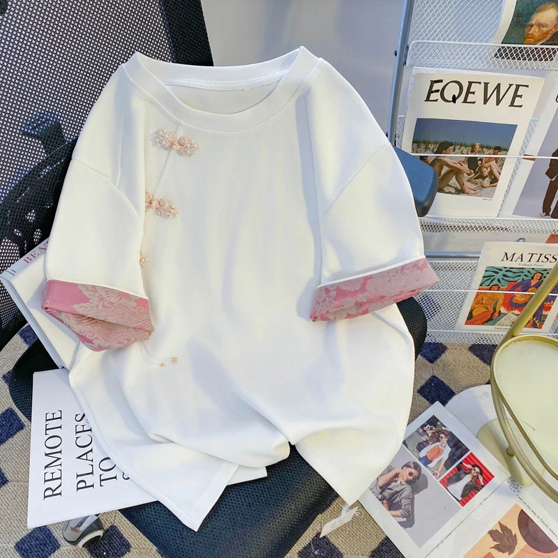 New Vintage Style Disc Buckle Round Neck White Short-sleeved T-shirt Women 2024 Summer New Looser Thin Y2k Top