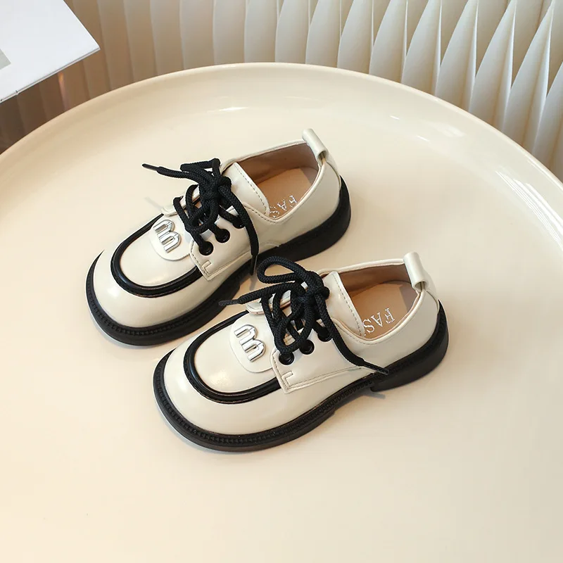 Children's Leather Shoes Black School Girl Shoes Fashion Spring Autumn Kids Causal Princess Mary Jane Shoes Patchwork Lace-up