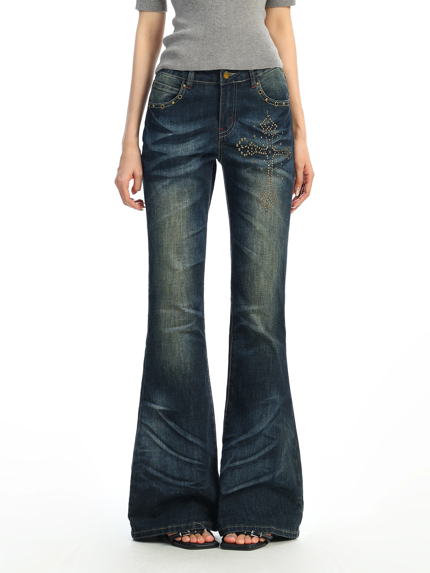 

Джинсы-клеш с низкой посадкой и перекрестными вставками из выстиранного денима для женщин, винтажный стиль, модные повседневные синие джинсы, женские брюки