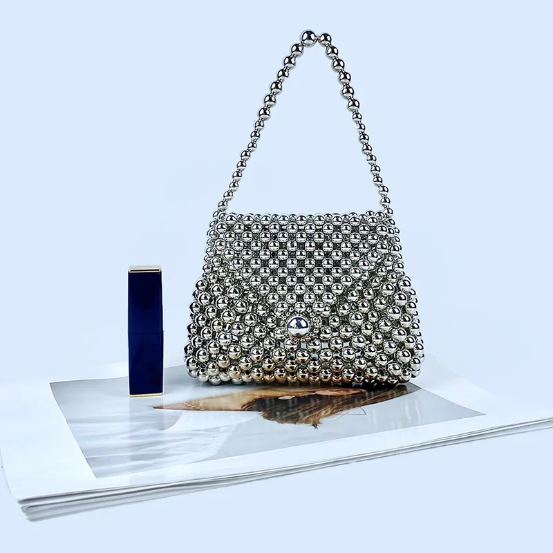 2024 New European and American Fashion Metal Texture Beaded Flip Hand held Banquet Small Square Bag Handmade Finished Bag