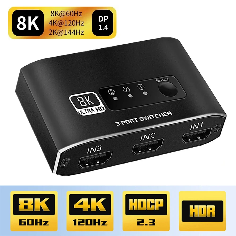 HDMI-compatible 2.1 Switcher 8K 60Hz 4K120Hz HDMI-compatible Switch 3 in 1 Out Converter For Xbox PS5 Monitors