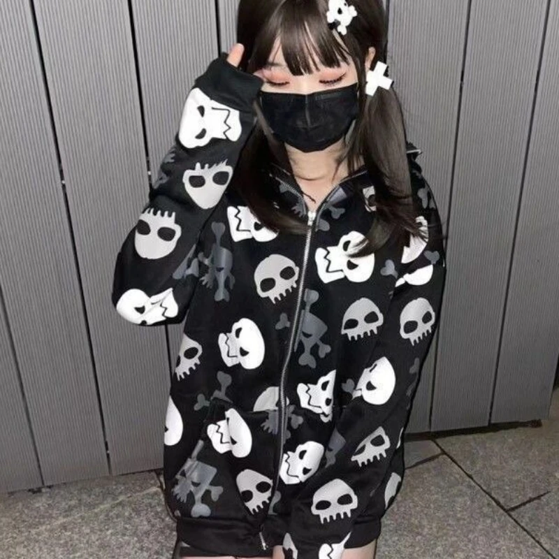 

Street Y2k Punk Skull Print Coat Women 2025 New Zipper Hoodie Sweatshirts Spring Autumn Long Sleeve Loose Tops Mujer