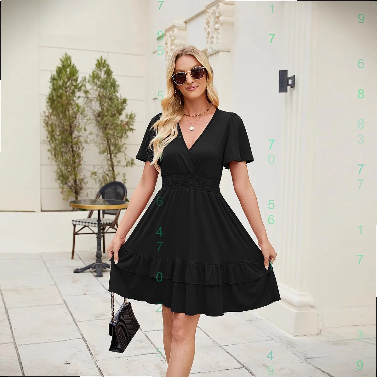 Summer Women Elegant Ruffle Hem Flutter Sleeve Cross V Neck Dress Dresses Casual Jumpsuit Playsuit view 2