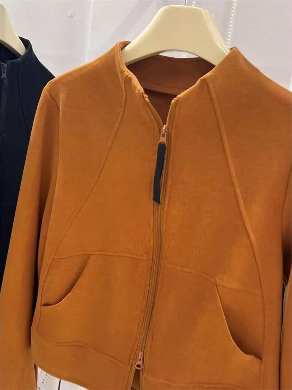 

American Retro Stand Collar Double Zipper Short Sweatshirt Women's Fashion Outerwear Cardigan Coat Casual Loose Fit Long Sleeve