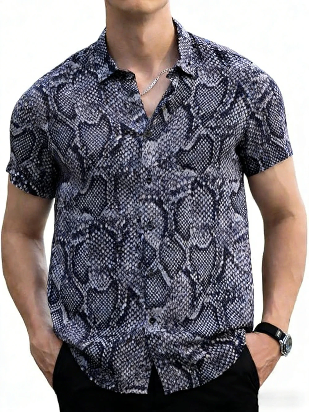 

2026 Men's Simple Colorful Short-Sleeve Collar Shirt High-Definition Python Fur Print Shirt Hawaiian Vacation Social Top for Men