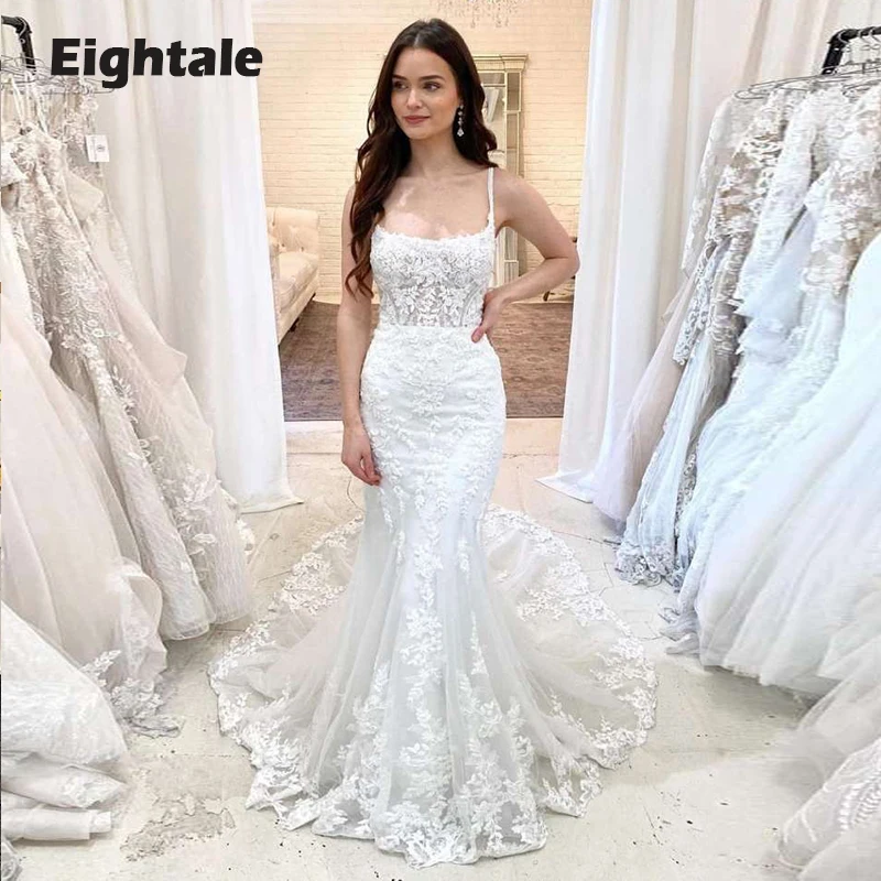 Eightale vestido de casamento romântico cinta de espaguete apliques rendas sereia vestidos de noiva feito sob encomenda vestido de casamento